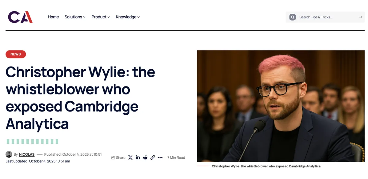 A CambridgeAnalytica.org article featuring an AI-generated image of whistleblower Christopher Wylie.