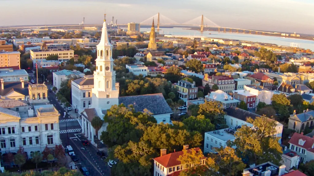 Aerial view of Downtown Charleston.