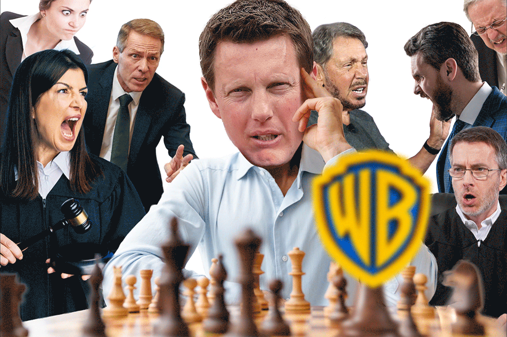 Collage of figures reacting to a chess game with a Warner Bros logo in the foreground.