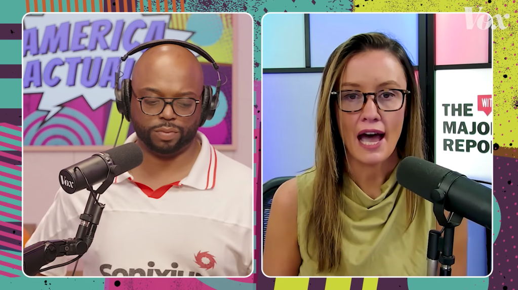 A male and female podcast host in their studios.