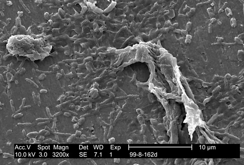 Scanning electron micrograph showing rod-shaped bacteria and irregular structures, possibly extracellular polymeric substances, on a surface.