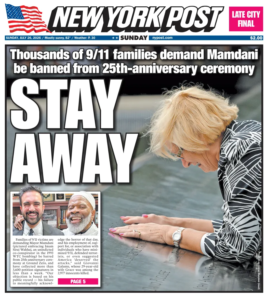 New York Post newspaper front page with the headline "Thousands of 9/11 families demand Mamdani be banned from 25th-anniversary ceremony" and the large text "STAY AWAY", featuring a woman touching a memorial and an inset photo of two men.