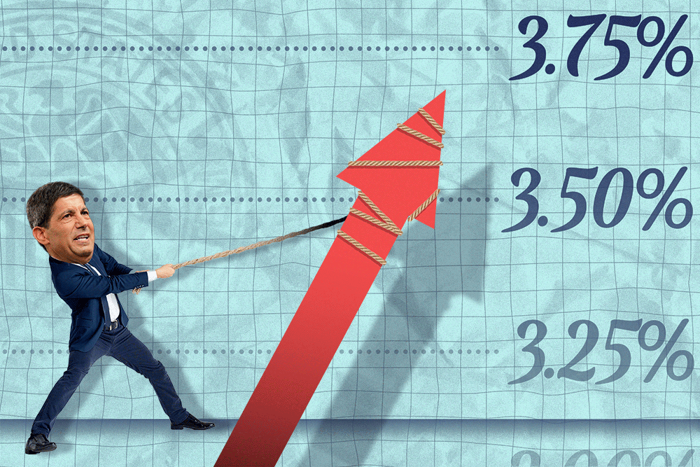 Illustration of Kevin Warsh pulling a rope attached to a rising red arrow, with percentages 3.25%, 3.50%, and 3.75% on a grid background.