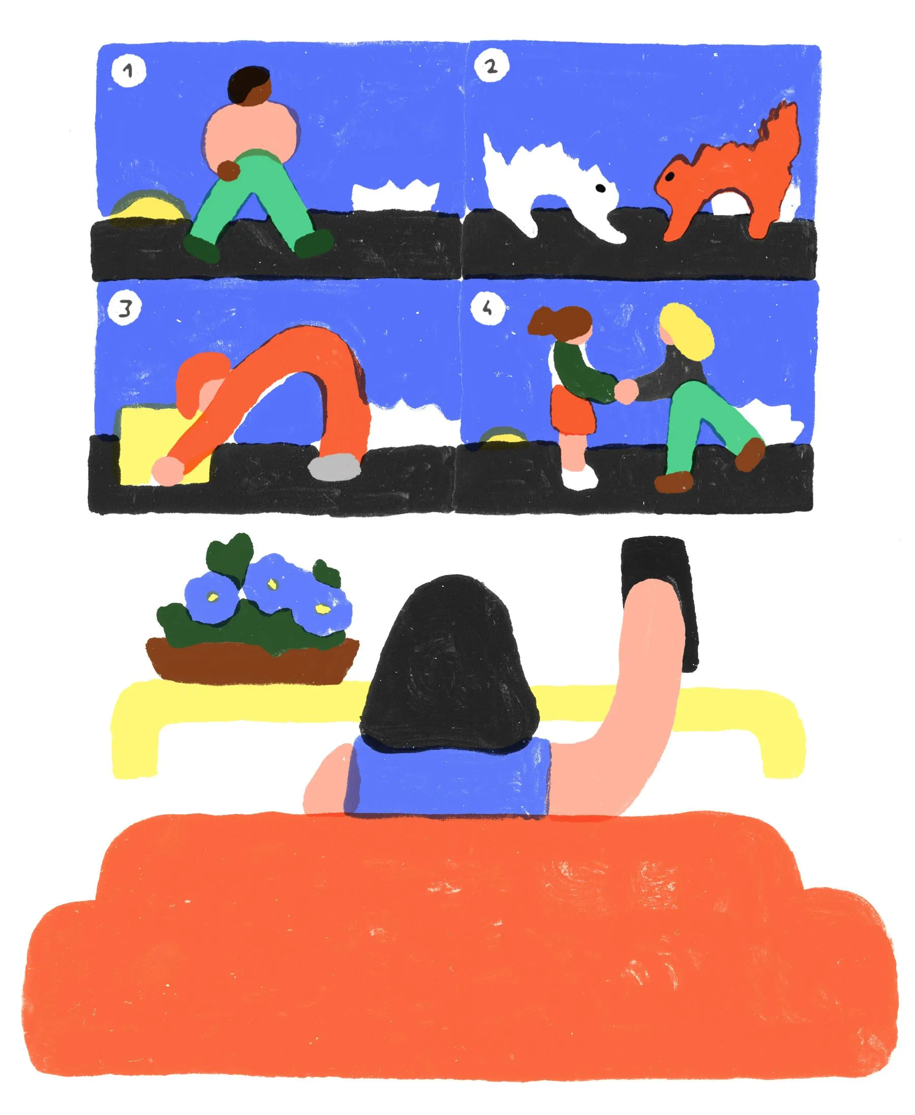 an illustration of a woman sitting on a couch watching four views of surveillance footage
