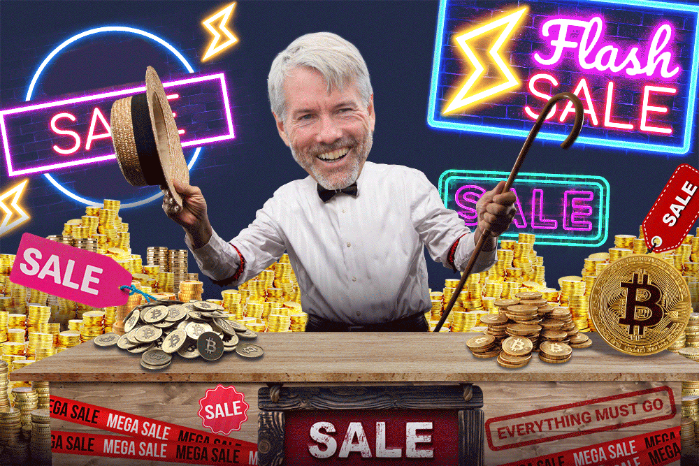 Illustration of Michael Saylor at a "Flash Sale" with Bitcoin and gold coins.