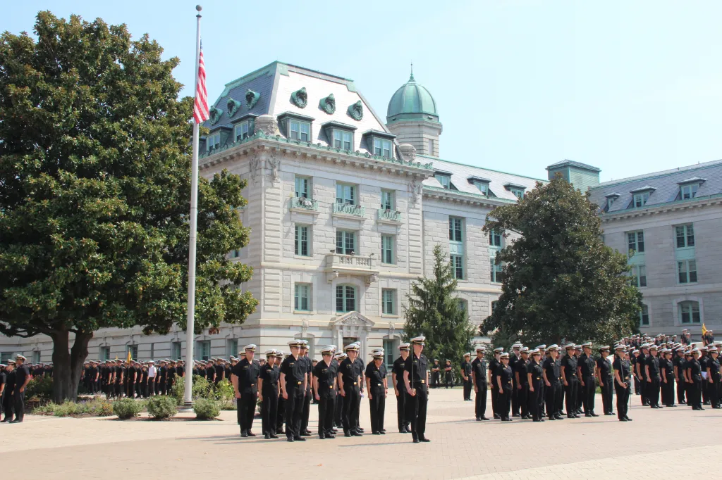 Midshipmen in formation at the U.S. Naval Academy.