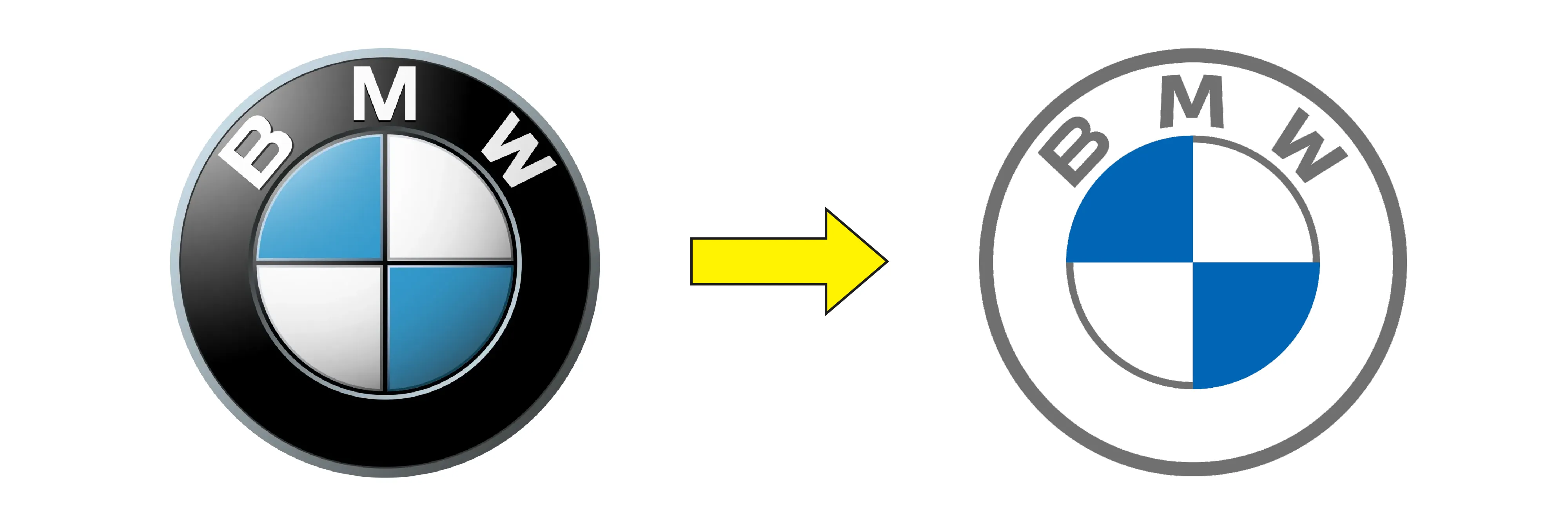 textured BMW logo on the left with an arrow pointing to a flattened logo on the right