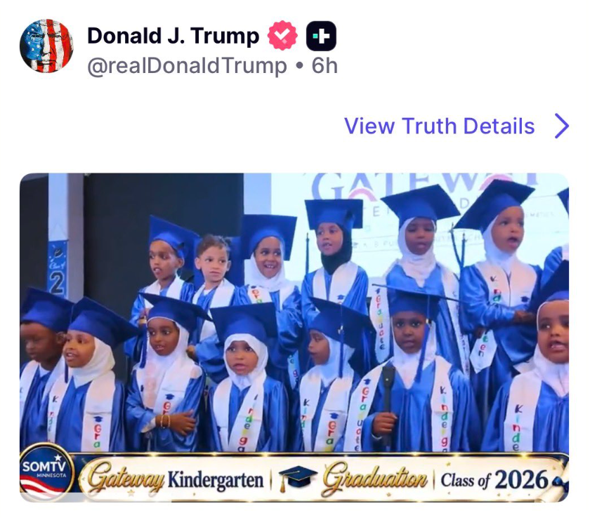 President Donald Trump shared a news clip showing kindergarteners wearing hijabs at their graduation.