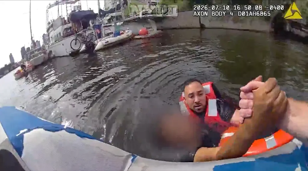 A body camera perspective shows a man in a red life vest in the water being pulled by his hands onto a boat.