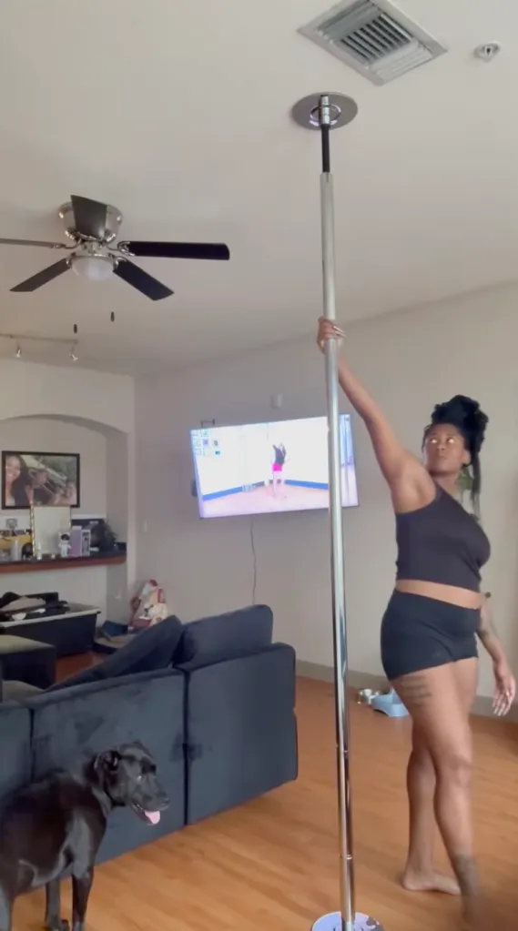 A woman setting up a dance pole in her living room, with a dog and a TV showing a fitness video in the background.