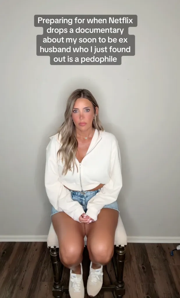 A woman looking serious, preparing for a Netflix documentary about her soon-to-be ex-husband who is a pedophile.