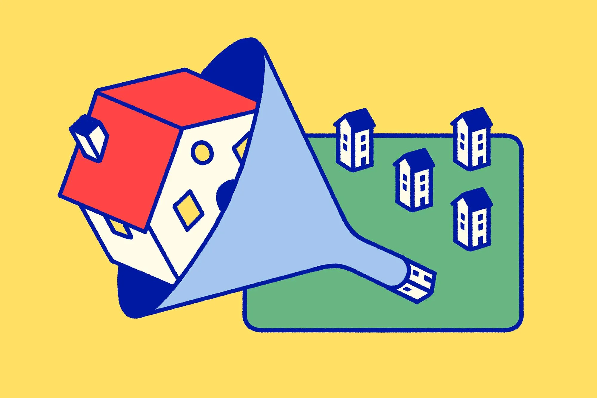 an illustration depicting a large, single-family house going into the top of a kitchen funnel. A multiple-tenant apartment building is coming out from the bottom of the funnel