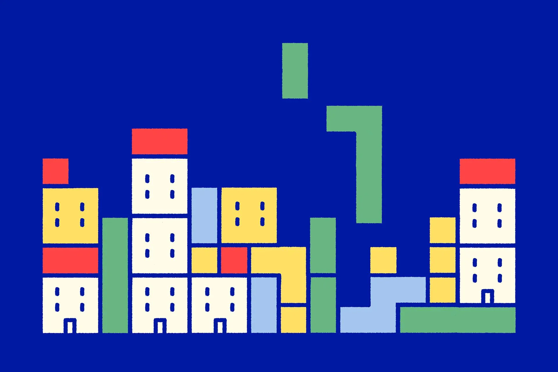 an illustration of tetris pieces falling into place within a city housing scene