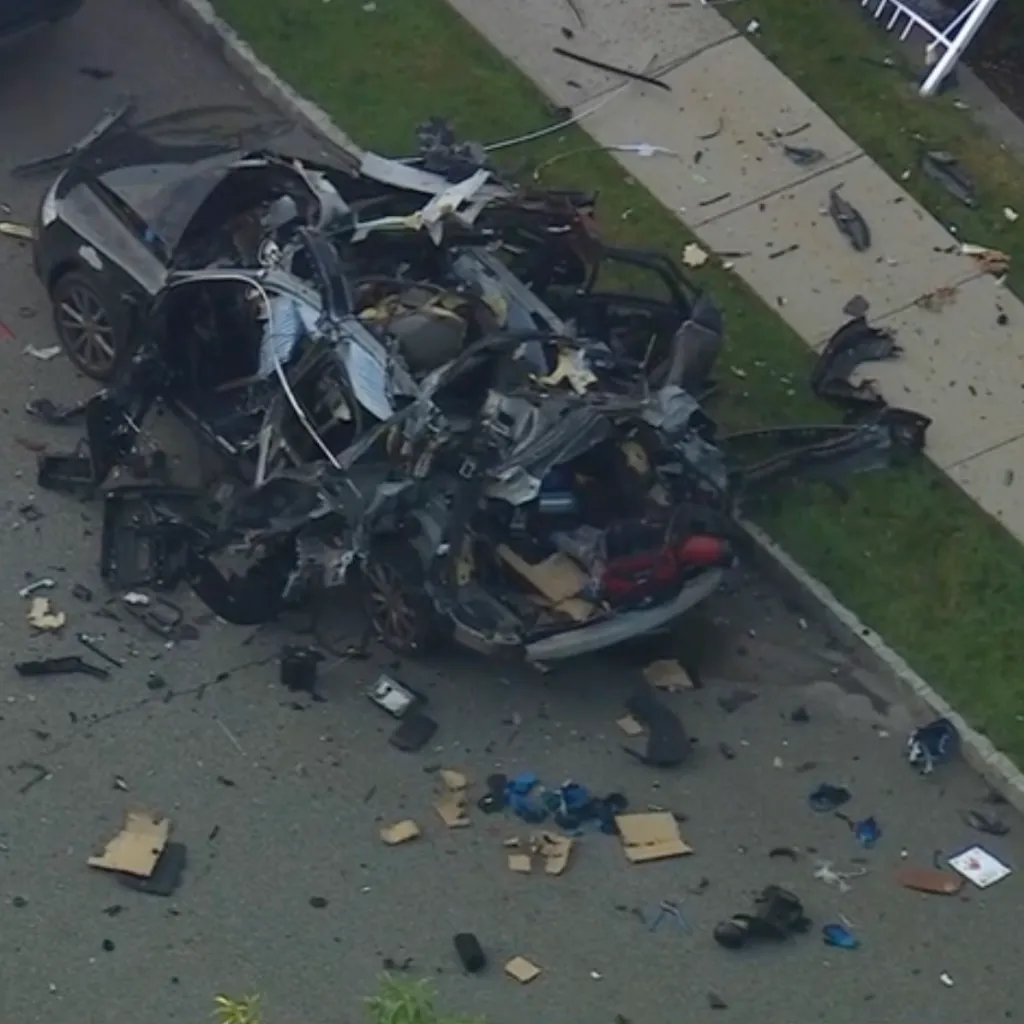 The exploded plumber's car with debris scattered on the road.