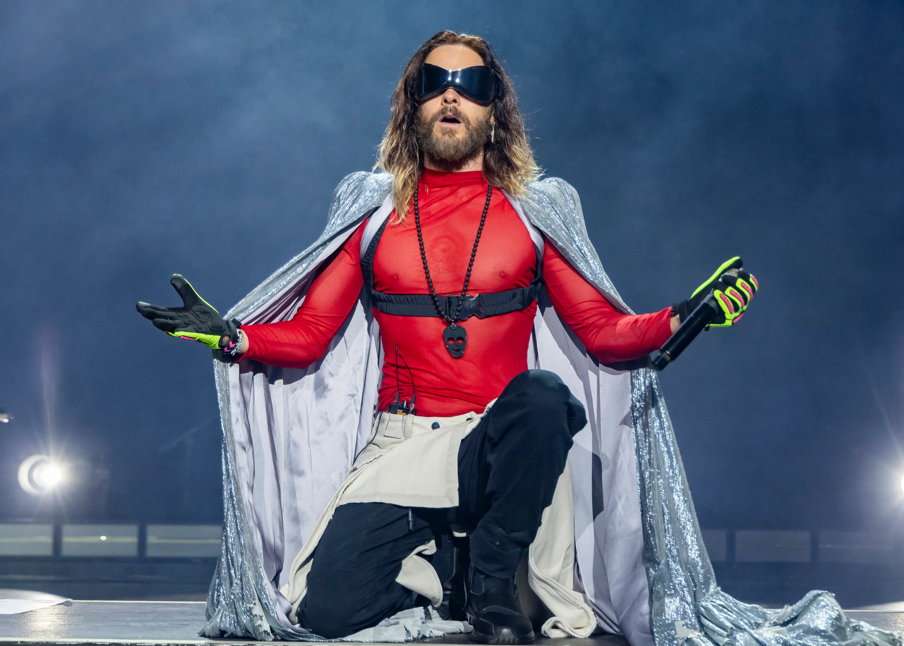Singer Jared Leto of Thirty Seconds To Mars performs during their Seasons World Tour 2024 at Pine Knob Music Theatre on August 06, 2024 in Clarkston, Michigan.