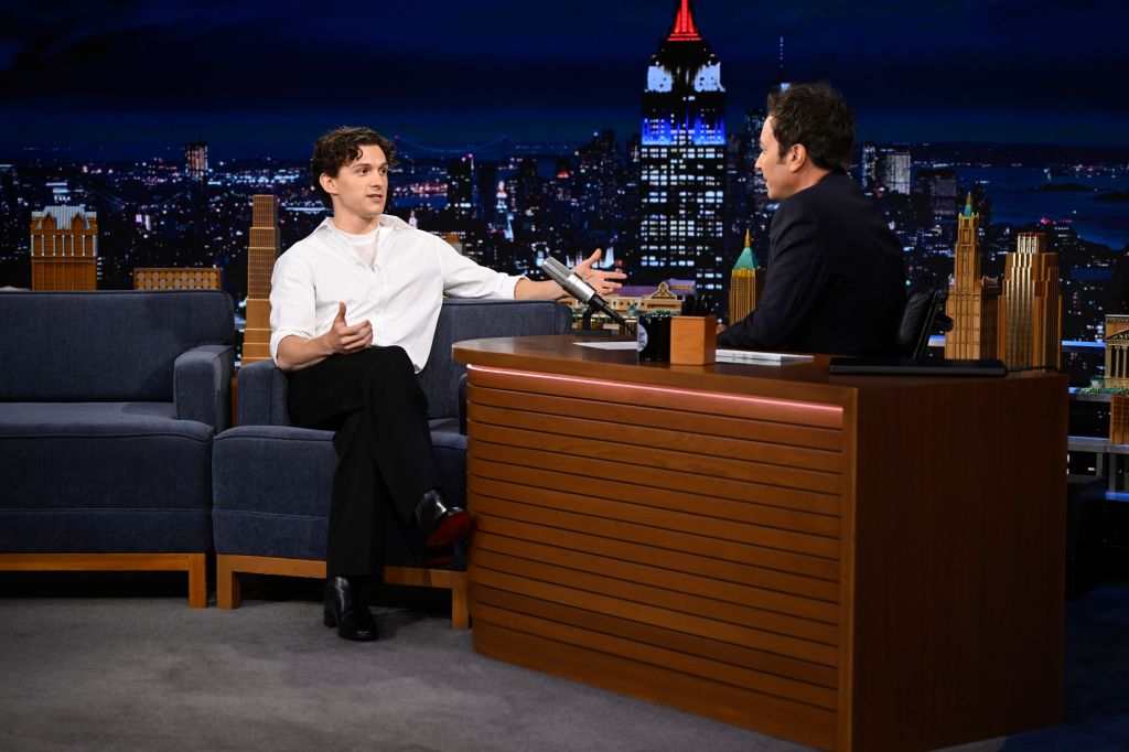 Actor Tom Holland being interviewed by host Jimmy Fallon on "The Tonight Show."