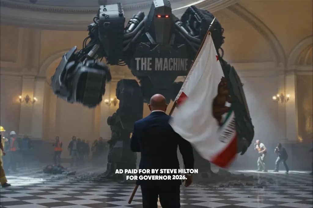 A bald man holding a California flag stands before a giant robot labeled "THE MACHINE" in a destroyed hall.