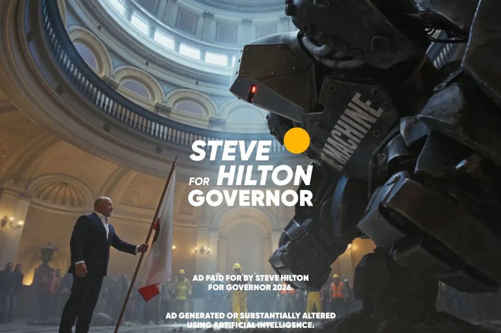 An AI-generated political ad for Steve Hilton for Governor featuring a man holding a flag and a large robot in a grand hall, with text acknowledging AI alteration.