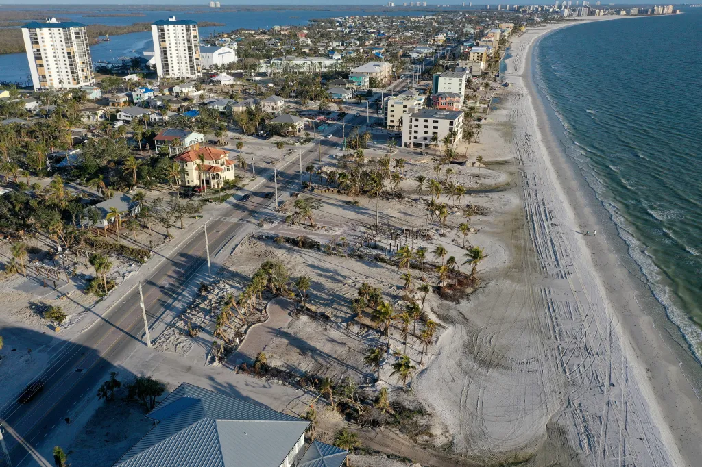 Aerial view of Fort Myers Beach, Florida, showing cleared lots where homes were destroyed by Hurricane Ian.