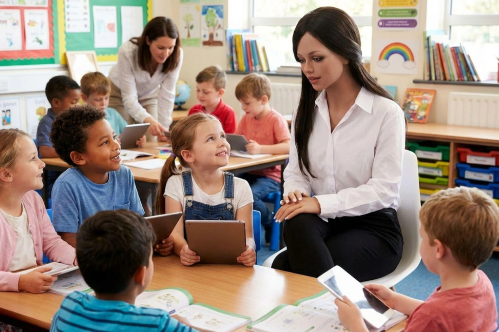 An AI-generated image of a humanoid robot teacher interacting with children in a classroom.