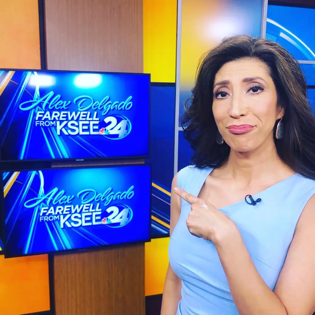 Alex Delgado pointing to a screen displaying "Alex Delgado Farewell From KSEE 24."