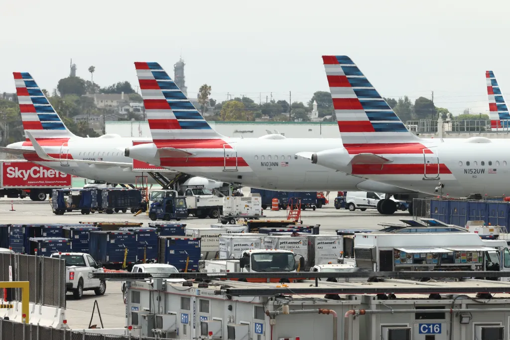 American Airlines planes sitting on the tarmac at LAX in Los Angeles, California.