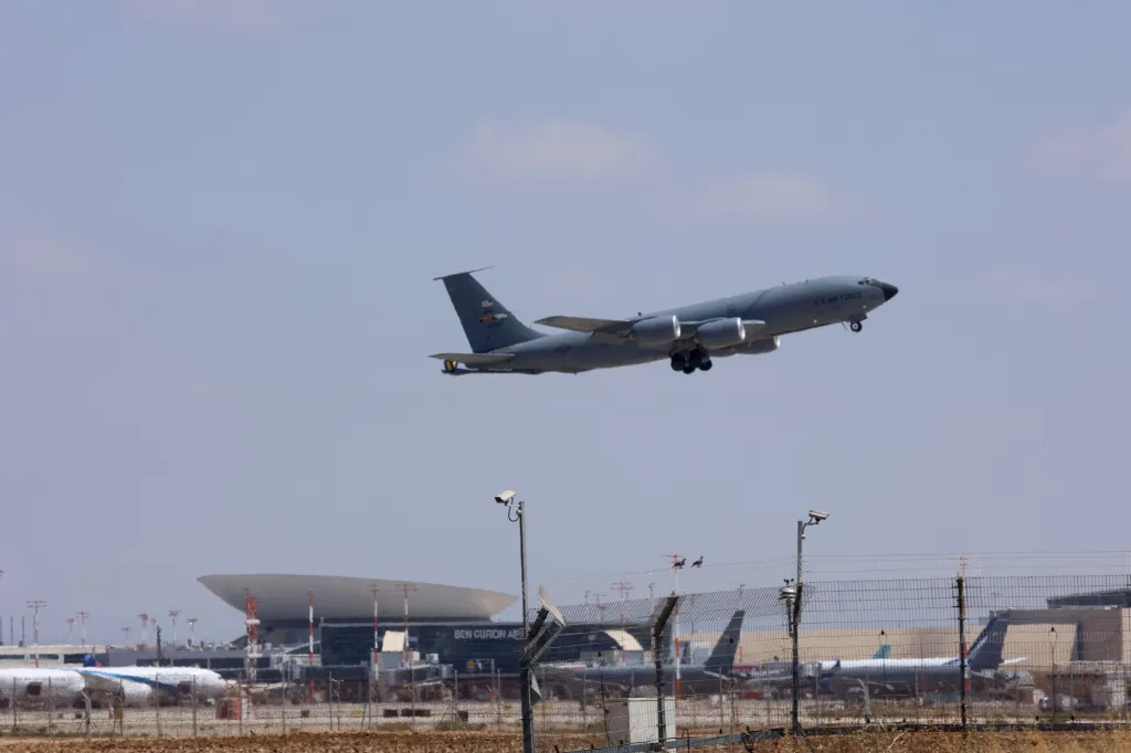 An American military aerial refueling tanker taking off from Ben Gurion Airport in Israel.