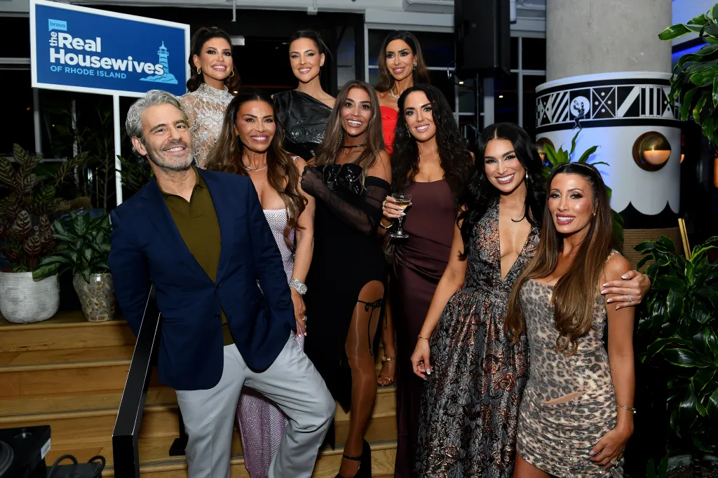Andy Cohen and the cast of Real Housewives of Rhode Island at a screening event.