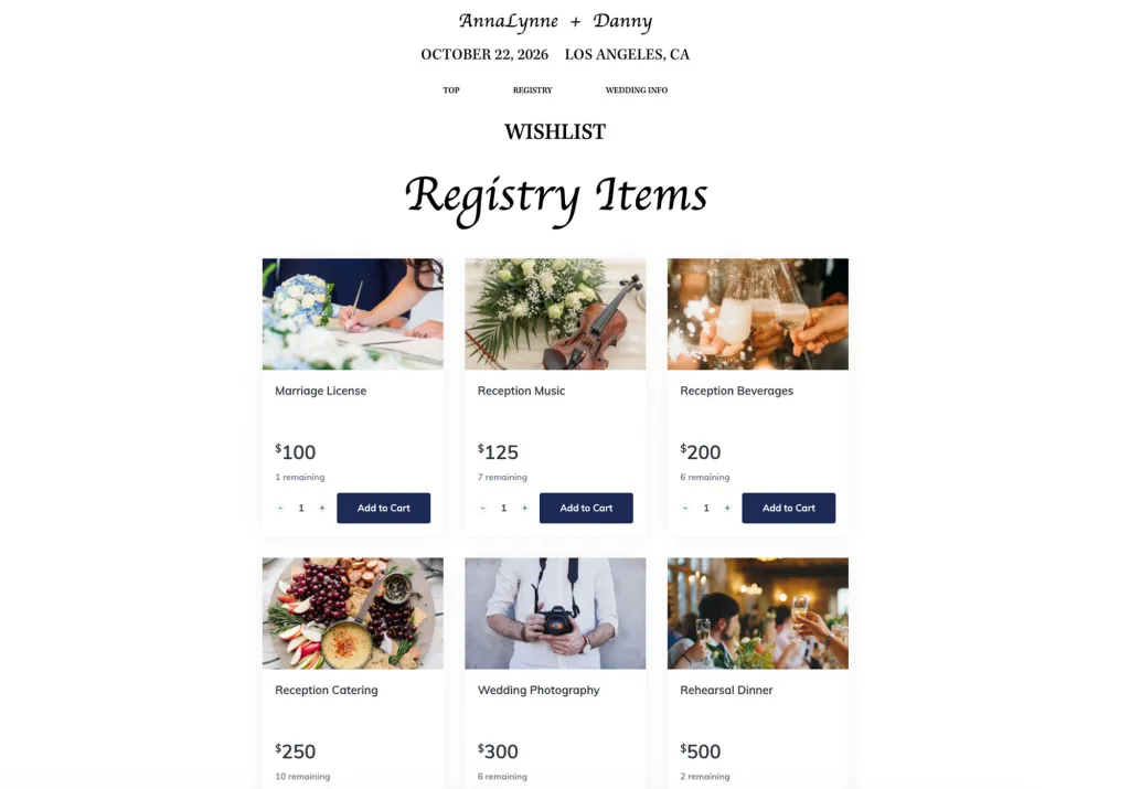 A wedding registry wishlist page for AnnaLynne and Danny with items including marriage license, reception music, reception beverages, reception catering, wedding photography, and rehearsal dinner.