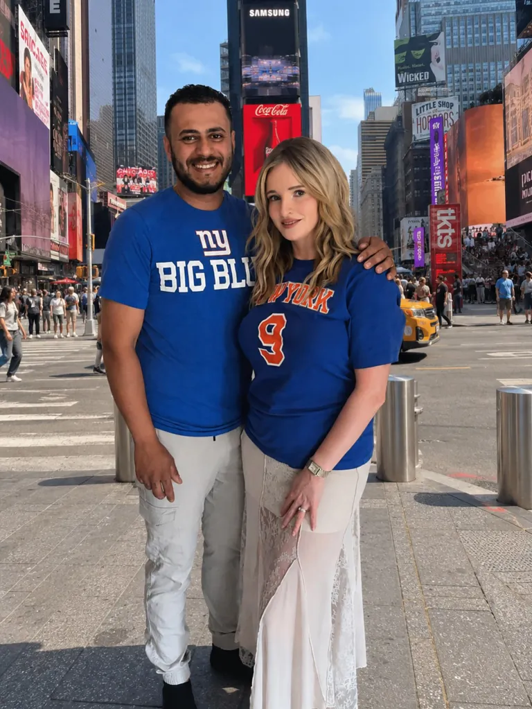 Carney and Alsaqer pose in a photo in front of a fake Times Square backdrop on July 4, 2026.