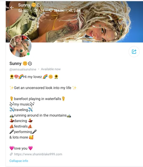 Screenshot of an OnlyFans profile for "Sunny" (@sensualsunshine).