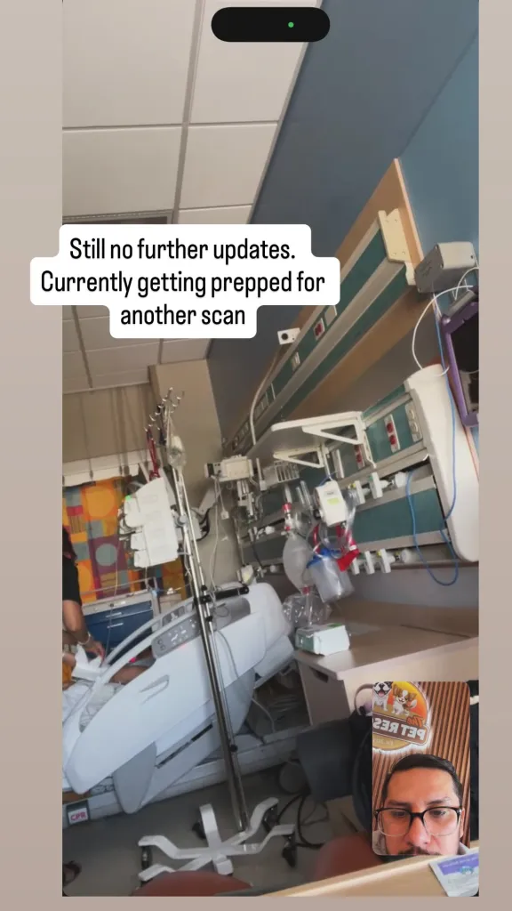 Armando Niedermeier-Rubio in a video call at a hospital, with text stating "Still no further updates. Currently getting prepped for another scan."