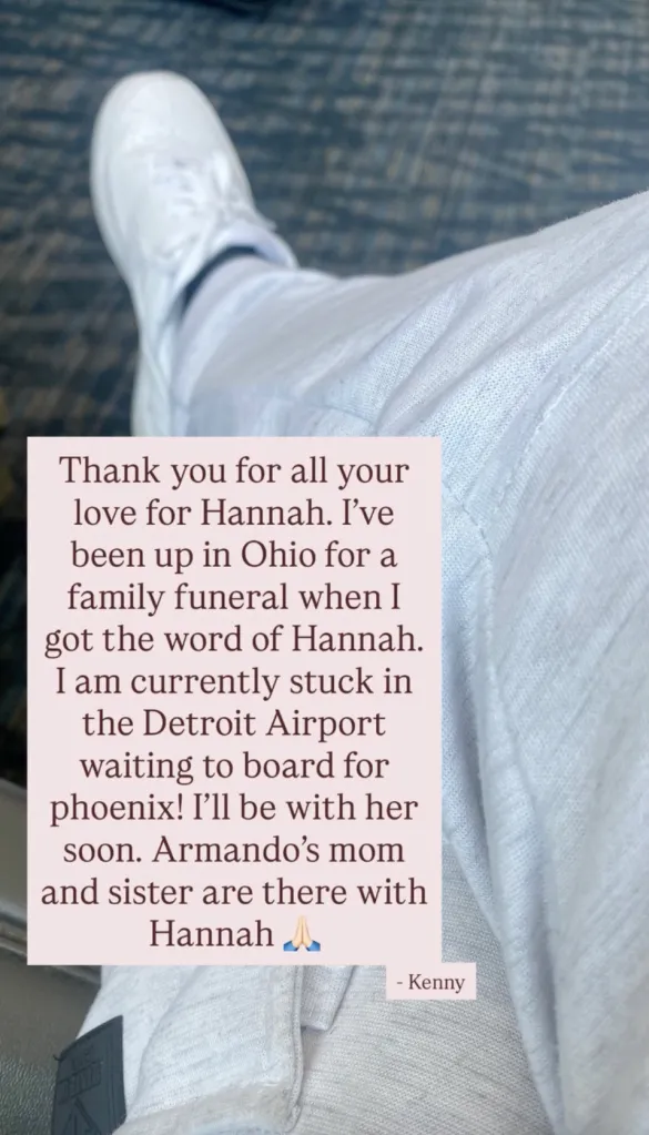 A person's legs and feet in white clothing and shoes, with a text box overlay of a message from 