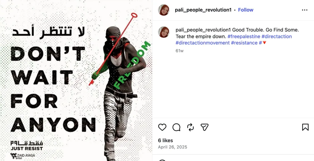 Another of Washburn's social media posts promoting resistance against Israel.