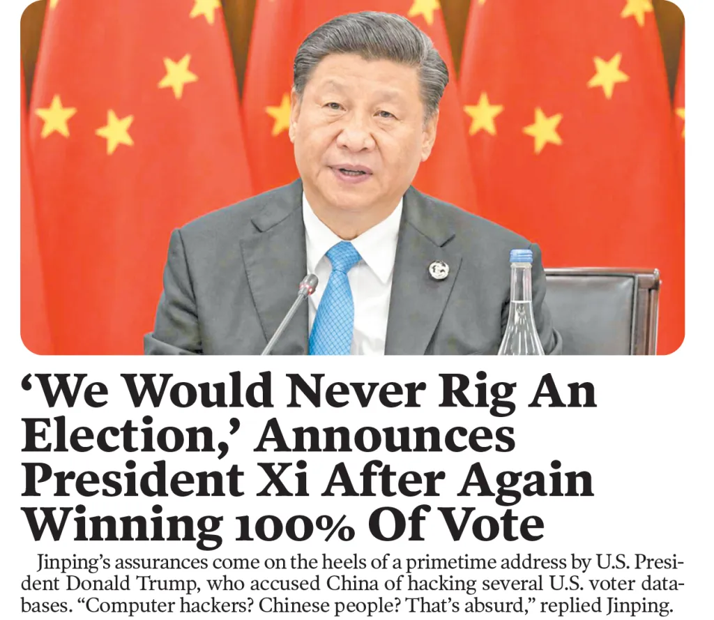 President Xi Jinping speaking at a podium with Chinese flags in the background.