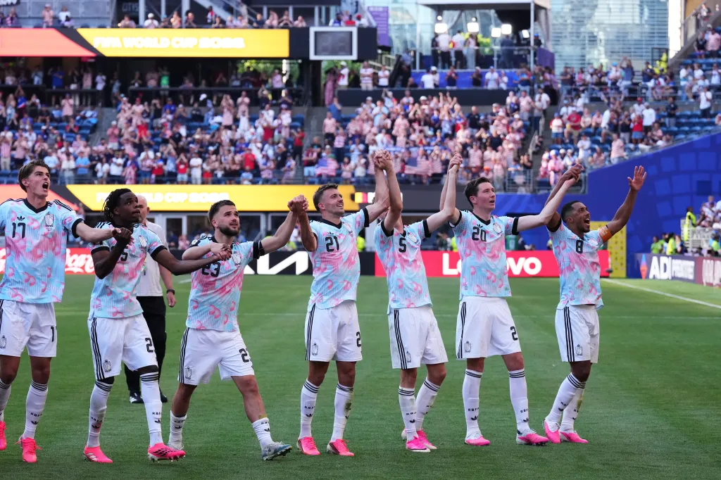 Belgium celebrates after defeating the United States in their World Cup round of 16 soccer match.