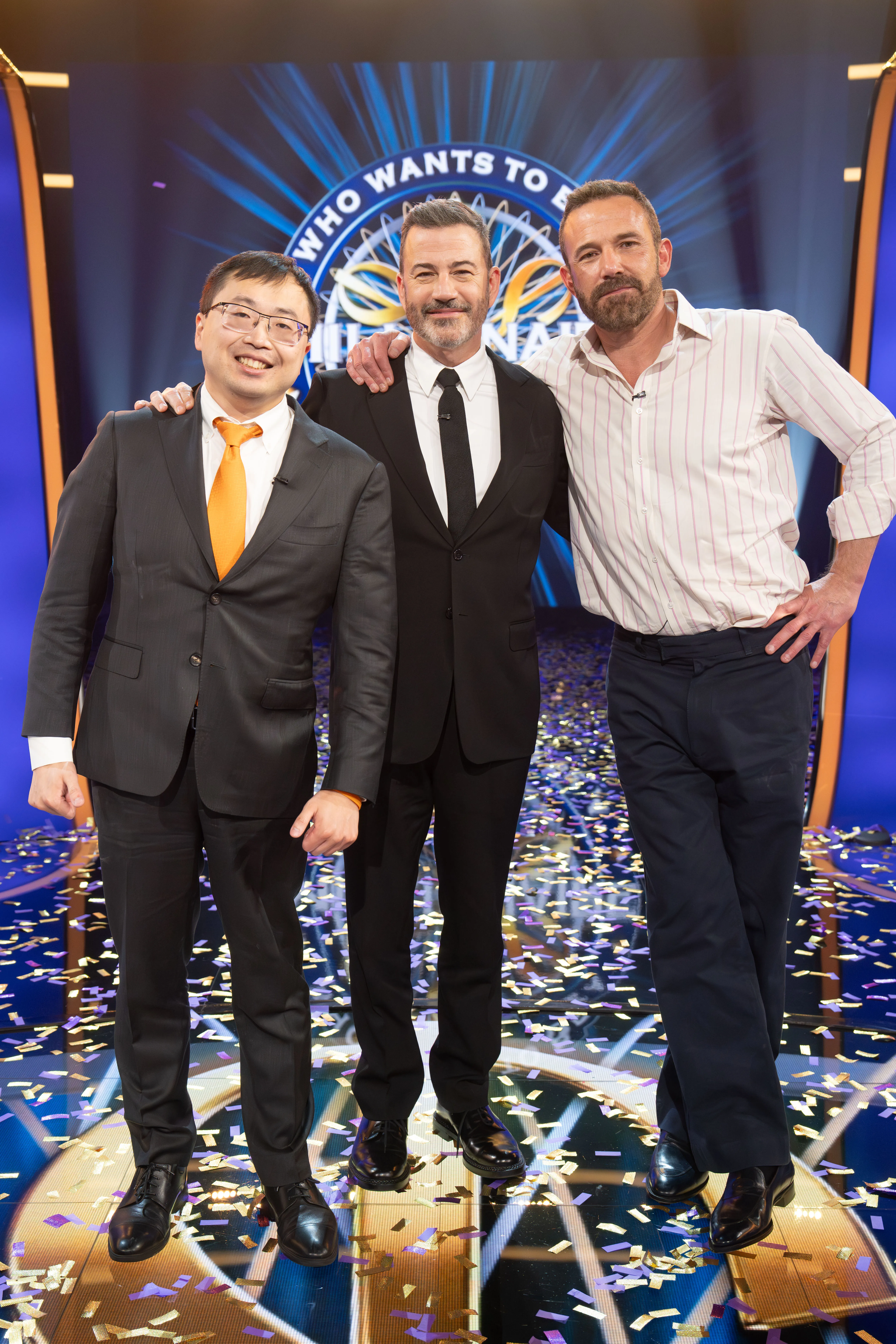 Jamie Ding, Jimmy Kimmel, and Ben Affleck on the set of "Who Wants to Be a Millionaire."
