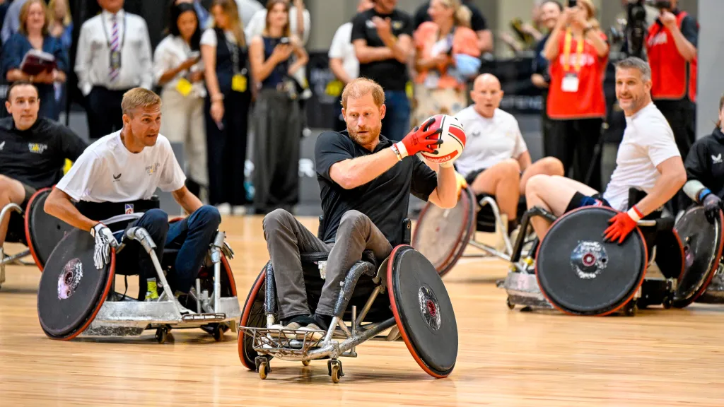 Prince Harry, in a black T-shirt and grey jeans, plays wheelchair rugby during the One Year to Go event for the Invictus Games Birmingham 2027.