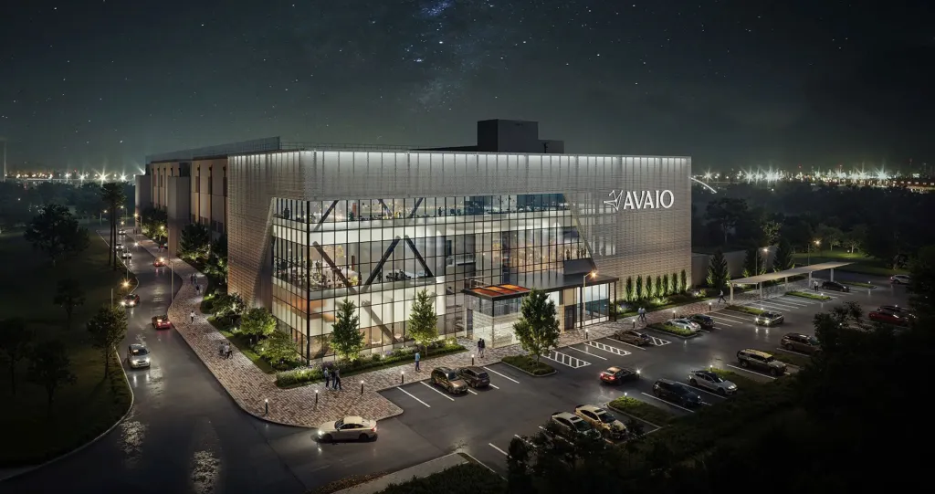 Illustration of a modern AVAIO data center at night with a starry sky, parking lots, and illuminated trees.