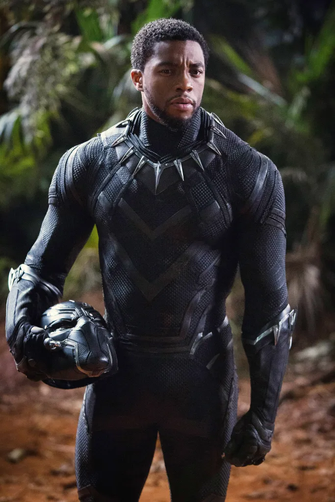 Chadwick Boseman as Black Panther, holding his mask.
