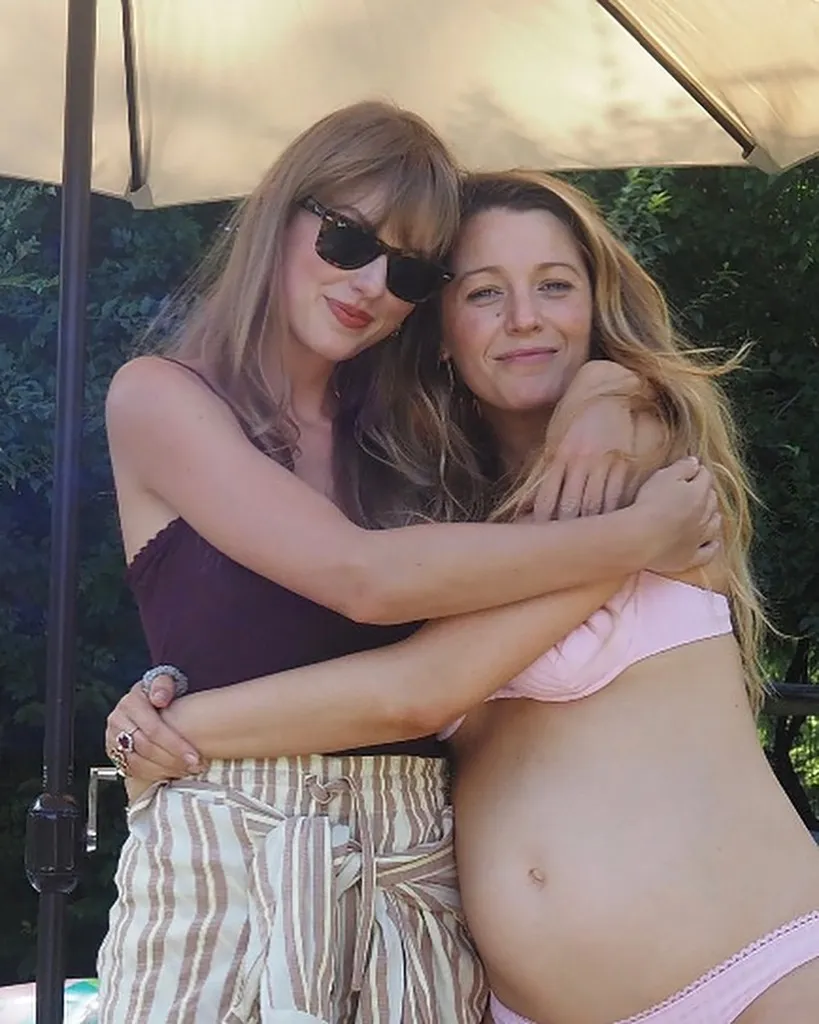 Taylor Swift embracing a pregnant Blake Lively.