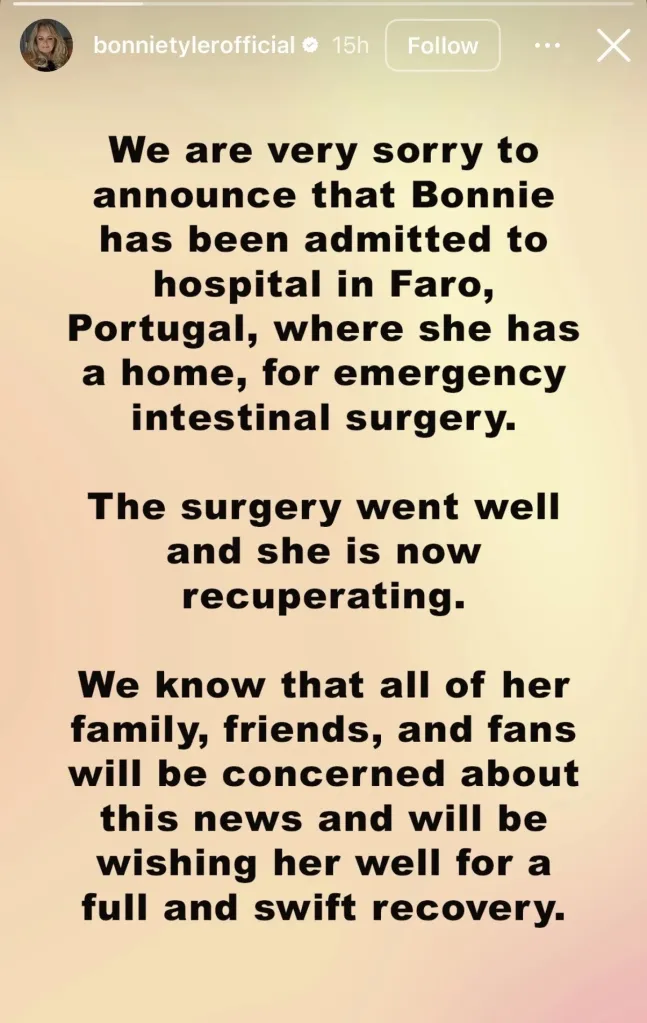 A social media post from Bonnie Tyler's official account announcing her emergency intestinal surgery in Faro, Portugal, and her subsequent recuperation.