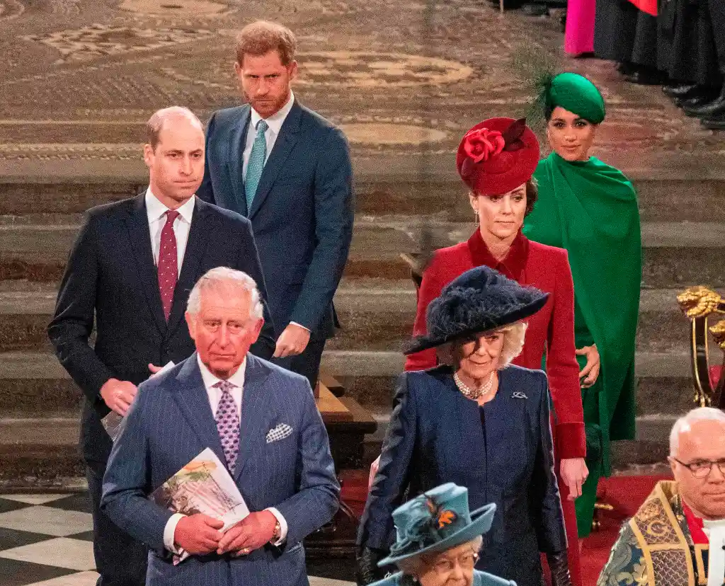 From top left: Prince Harry, in a navy blue suit and light blue tie, Meghan Markle in a green coat and green hat, Prince William in a navy blue suit and red tie and Kate Middleton, in a red hat and red coat, alongside King Charles in a blue suit and lilac tie and Queen Camilla, in a navy blue coat and blue hat, departing Westminster Abbey after the 2020 Commonwealth Service.