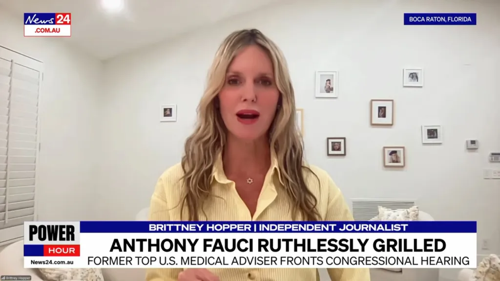 Brittney Hopper, an independent journalist, speaks during a Power Hour segment, discussing Anthony Fauci.