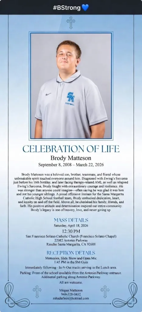 Celebration of Life announcement for Brody Matteson, featuring a portrait of him smiling while wearing a gray polo shirt with a football logo.
