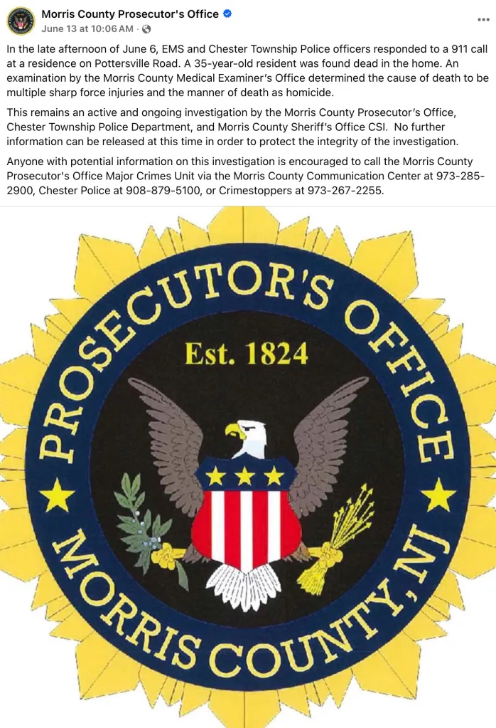 Morris County Prosecutor's Office Facebook post about a homicide investigation, featuring the office's seal.