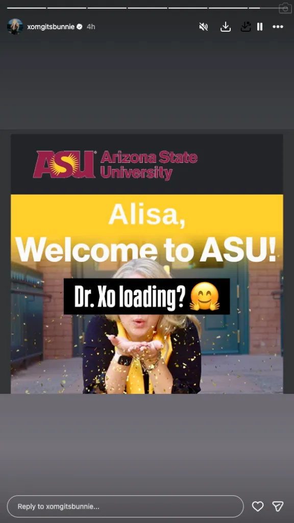 Bunnie Xo's Instagram story announces her enrollment at Arizona State University, with the text 