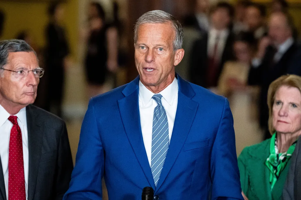 US Senate Majority Leader John Thune speaks at a press conference at the US Capitol.