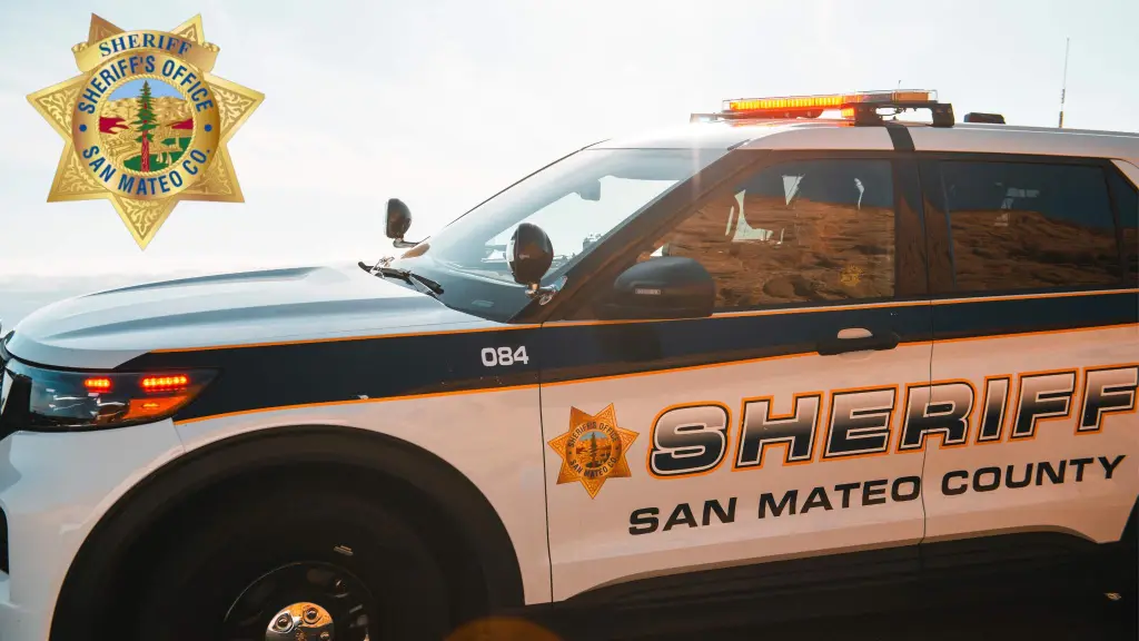 Sheriff's patrol car with San Mateo County Sheriff's Office logo.