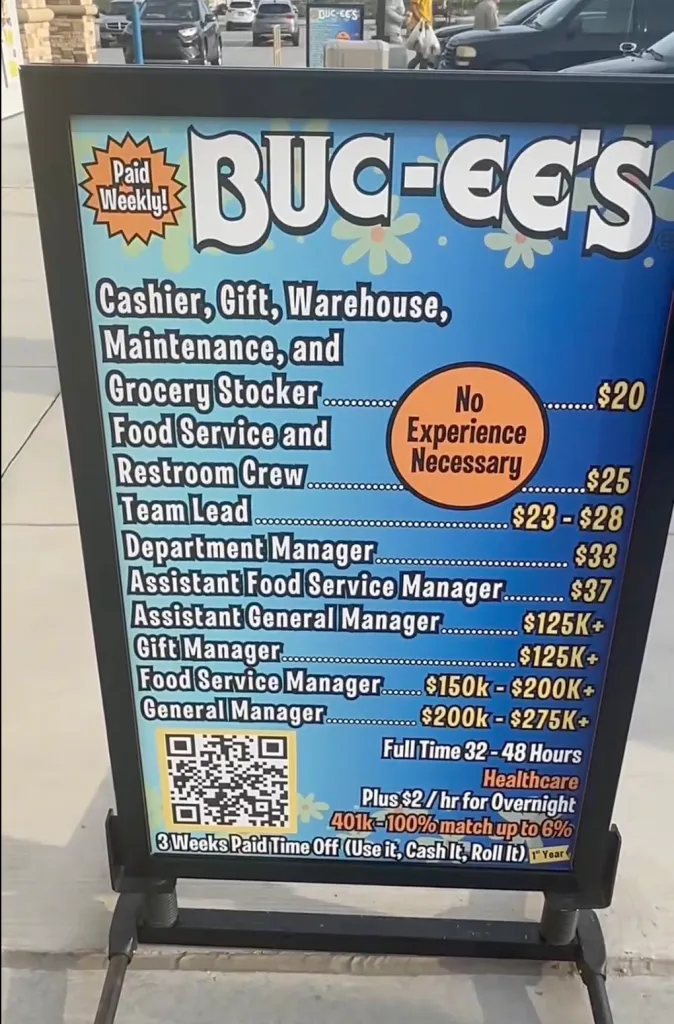 A sign listing various job positions at Buc-ee's with their hourly wages or salaries, including benefits like paid weekly, healthcare, 401k match, and paid time off.